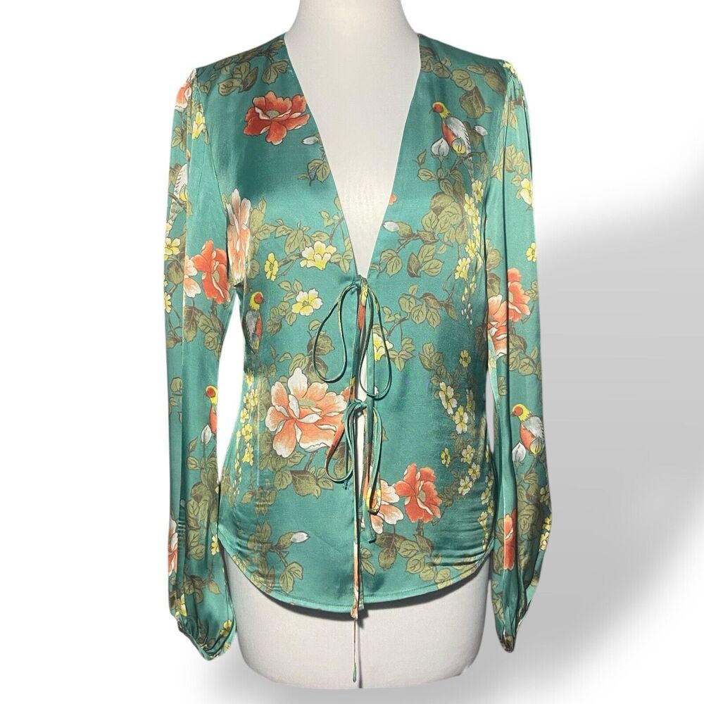 Majorelle Blouse Top Women Size S Green Floral Bird Print Long Sleeve Open Front